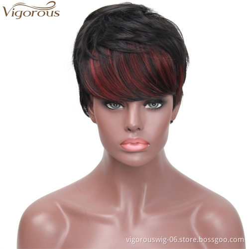Vigorous Natural Black Short Pixie Cut Wig with Red Bangs Synthetic Short Straight Hair Wig for Women Natural Looking